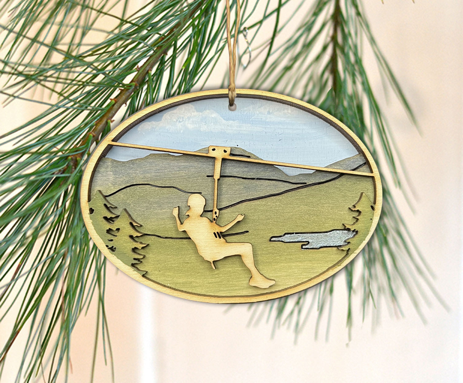 Hand Made Zip Line Wooden Ornament – Cedar + Pearl