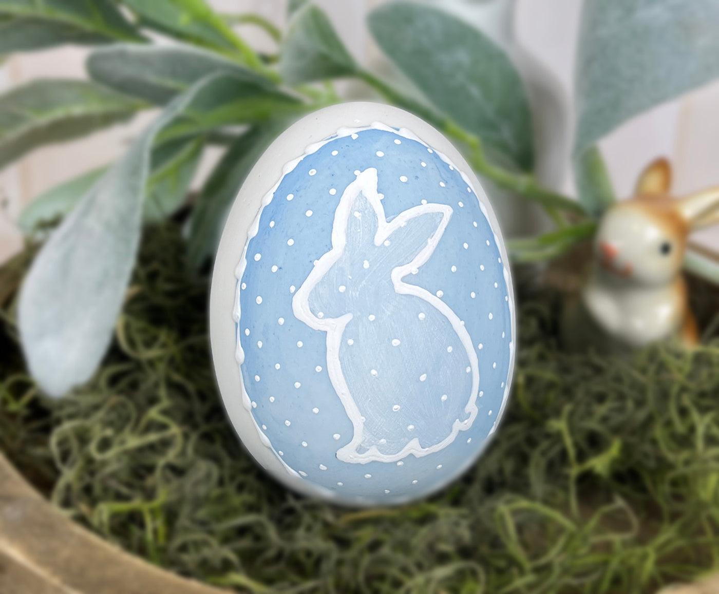 Country Blue pin dot Ceramic Easter egg bunny