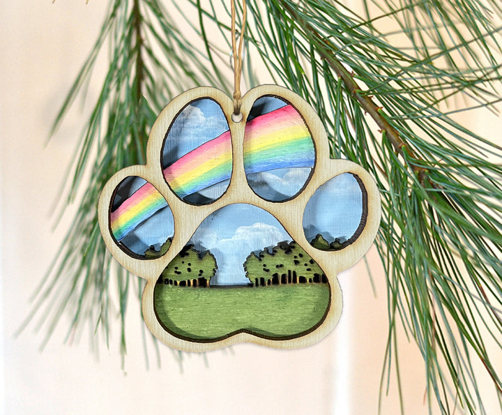 Rainbow Bridge Wooden Paw Print Ornament