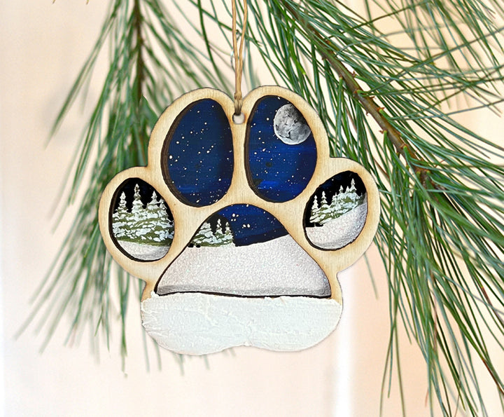 Winter Snow Wooden Paw Print Ornament