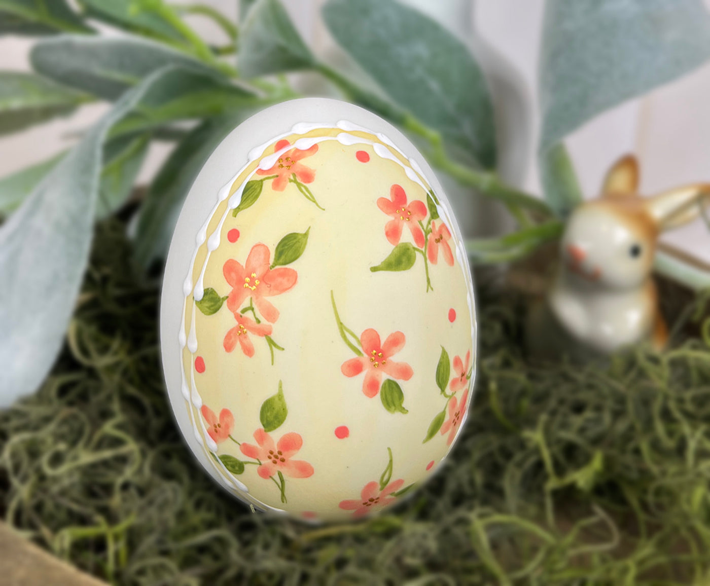 Yellow calico floral Ceramic Easter egg bunny