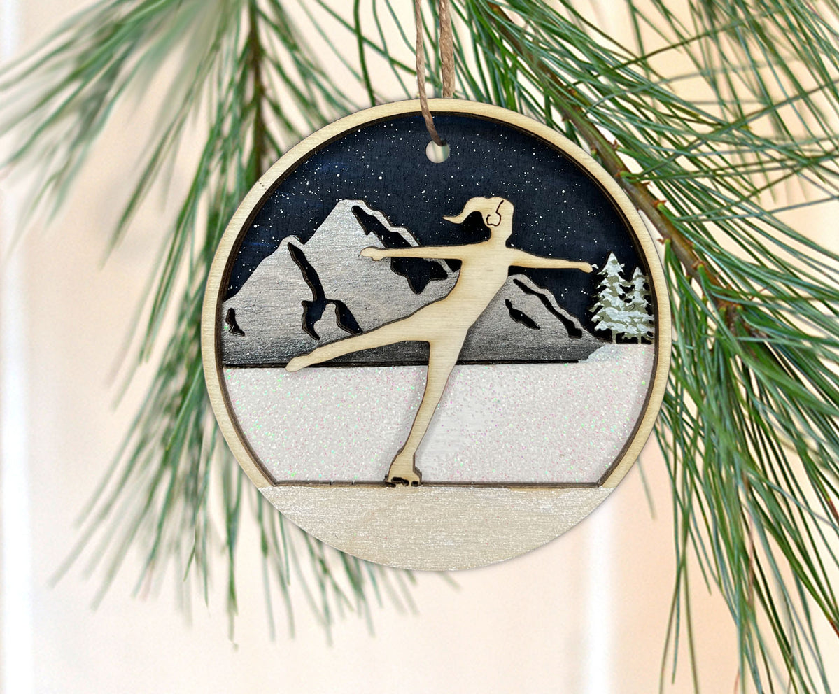 Hand Made Figure Skating Wooden Ornament Cedar + Pearl