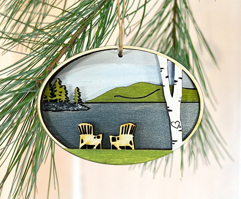 Hand Painted Lakeside Birch Adirondack Chairs Wooden Ornament