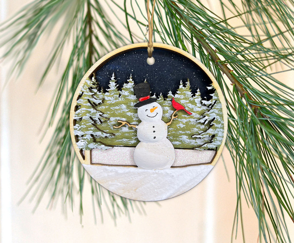 Hand Made Wooden Snowman Ornament – Cedar + Pearl