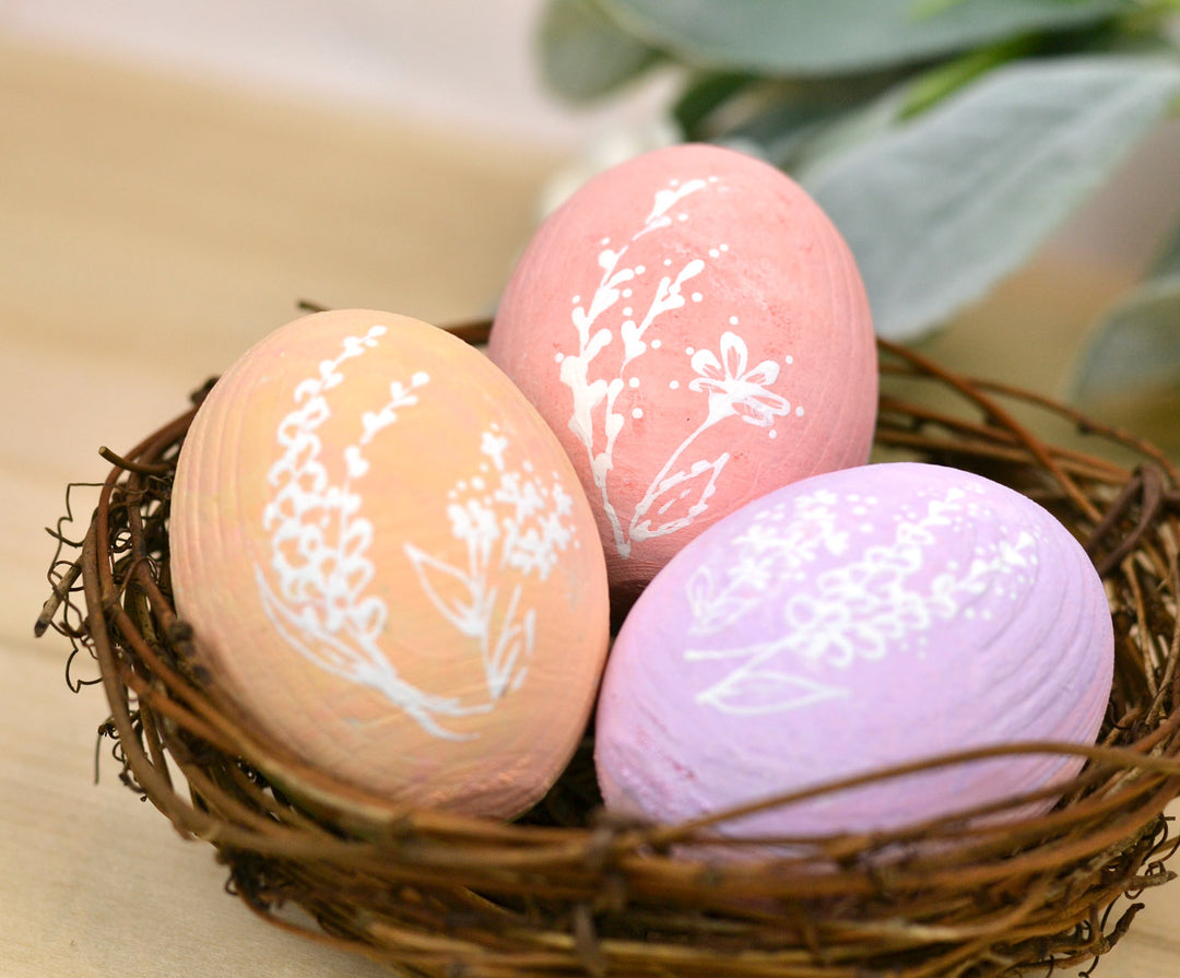 Handpainted Pastel Wooden Eggs with White Flowers