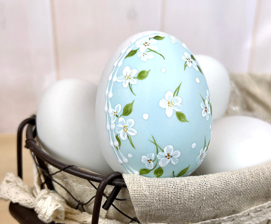 Country Blue calico floral Ceramic Easter egg bunny
