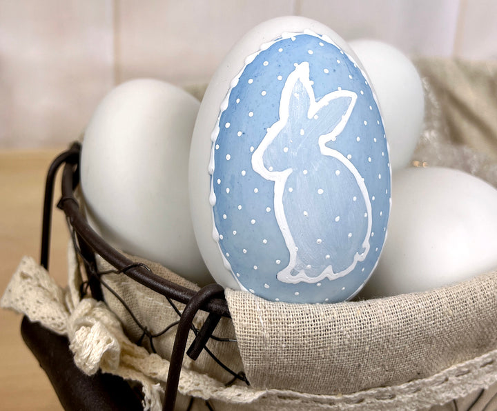 Country Blue pin dot Ceramic Easter egg bunny
