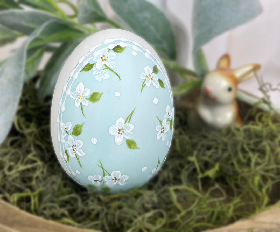 Country Blue calico floral Ceramic Easter egg bunny