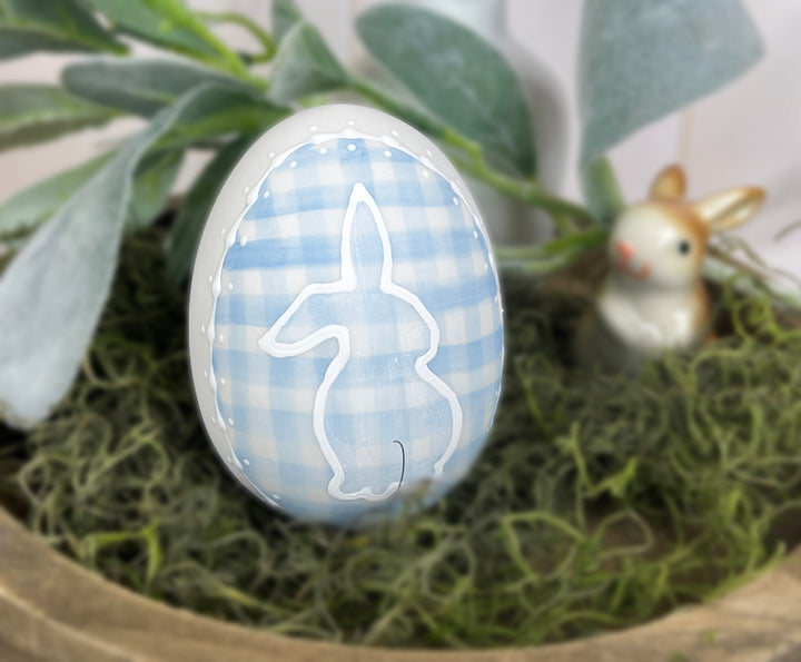 Ceramic Easter egg light blue gingham check plaid bunny