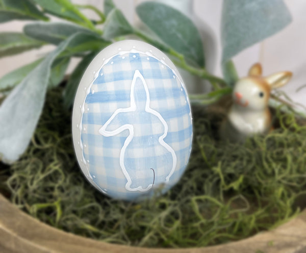 Ceramic Easter egg light blue gingham check plaid bunny