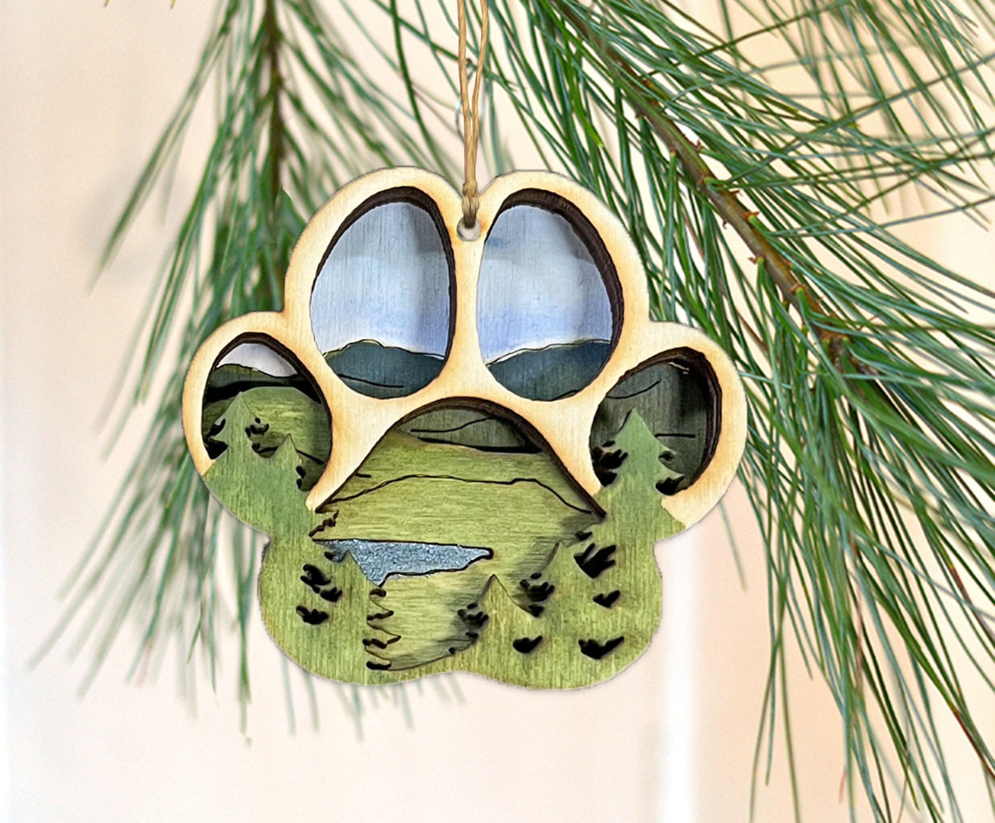 Hiking Wooden Paw Print Ornament