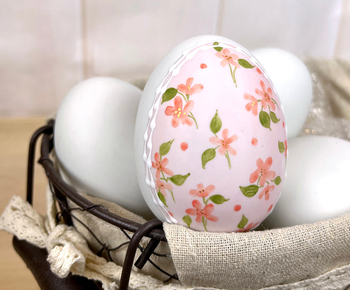 Pink calico floral Ceramic Easter egg bunny