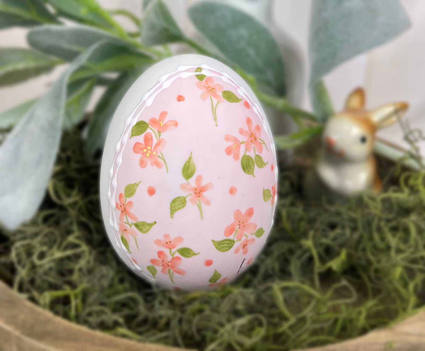 Pink calico floral Ceramic Easter egg bunny