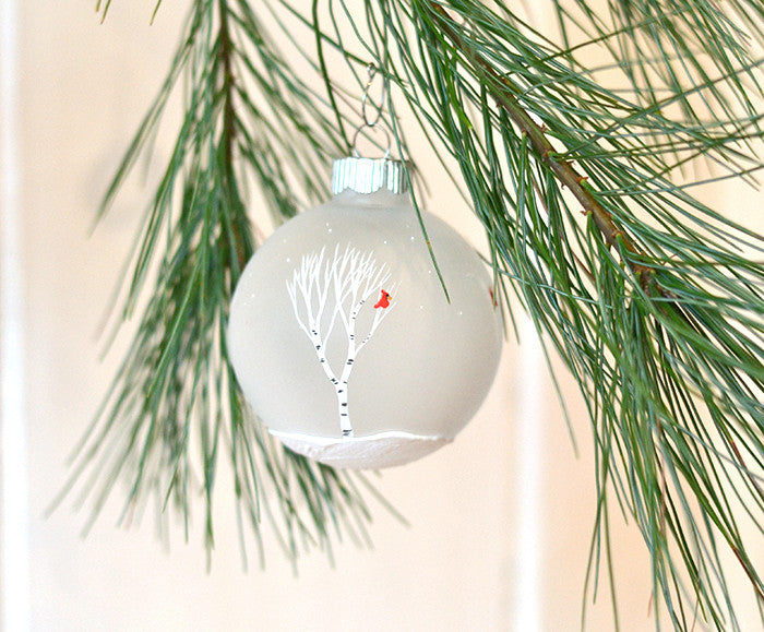 Hand painted white birch trees and cardinals ornament