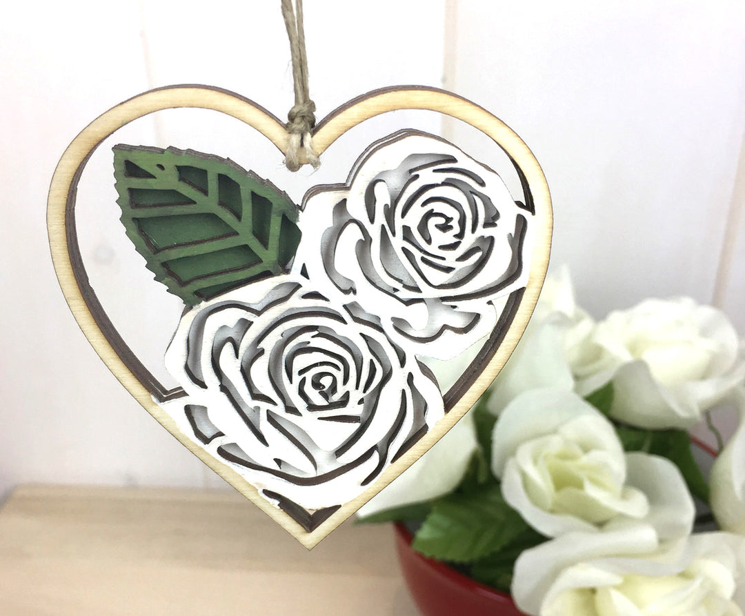 White Rose Heart Valentine Ornament