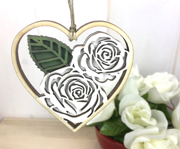 White Rose Heart Valentine Ornament