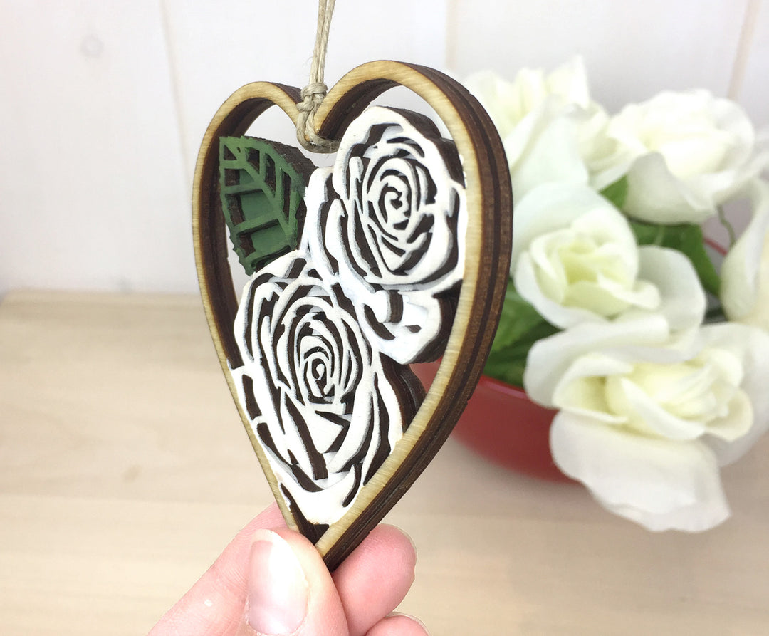 White Rose Heart Valentine Ornament