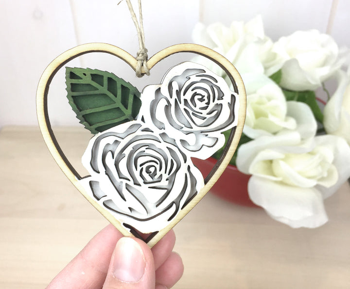 White Rose Heart Valentine Ornament