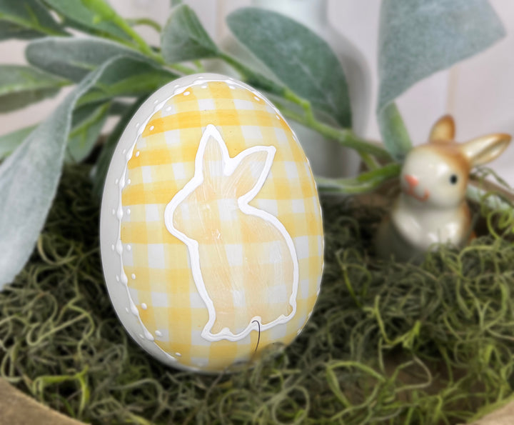 Ceramic Easter egg golden yellow gingham check plaid bunny